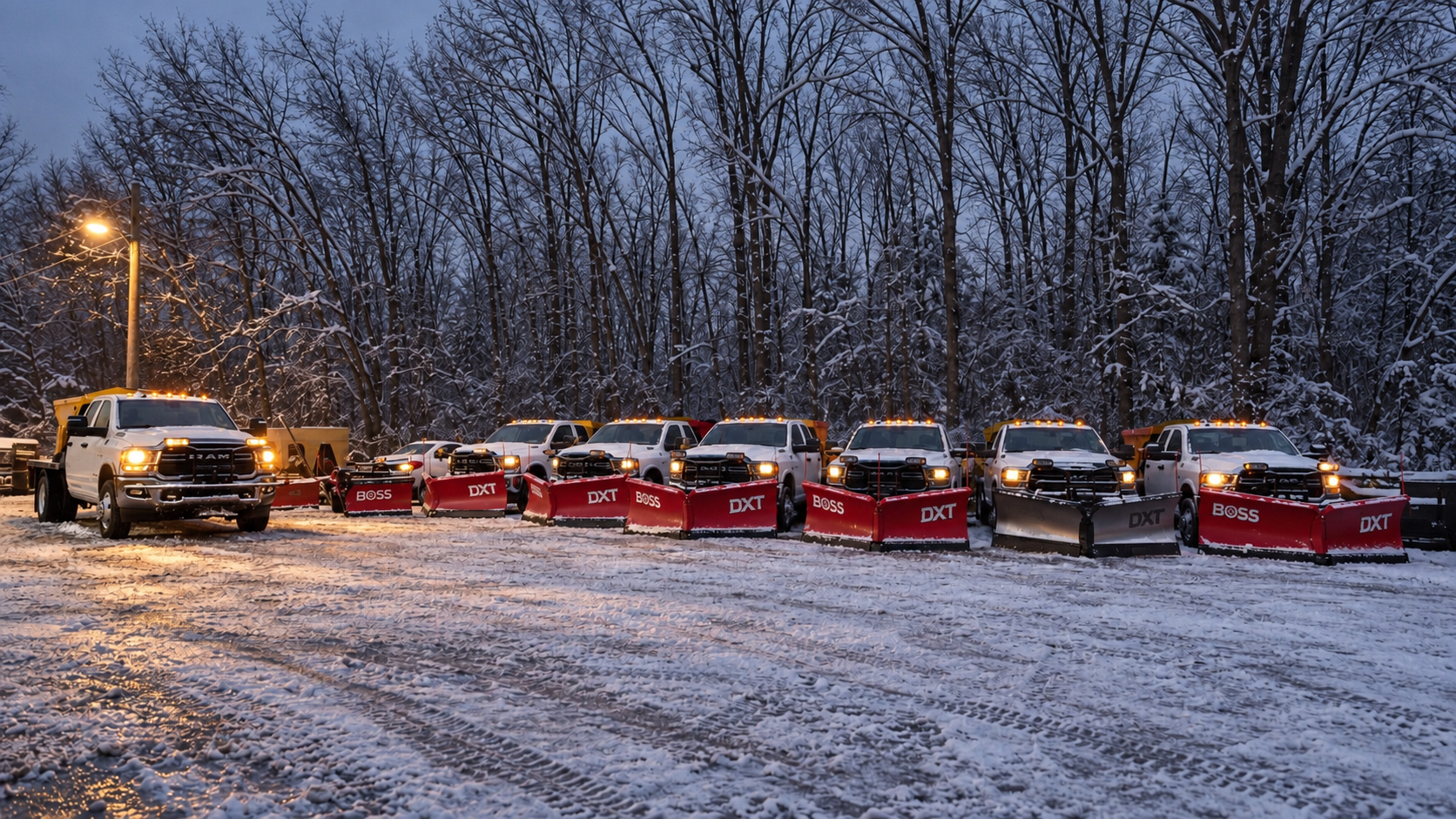 Cardinal Snow commercial snow plow fleet lined up and ready for winter service
