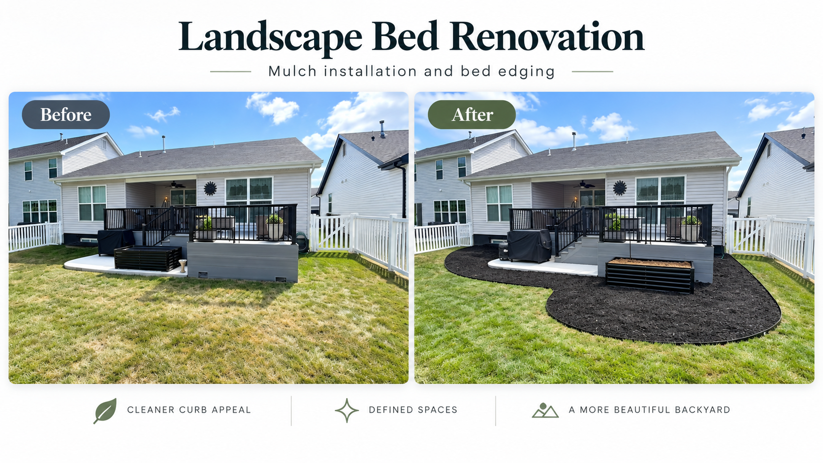 Before and after landscape bed renovation with mulch installation and bed edging