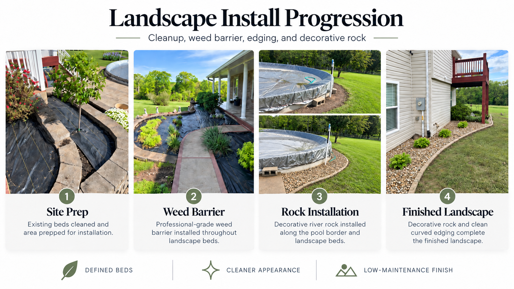 Landscape installation progression showing site prep, weed barrier, decorative rock installation, and finished landscape